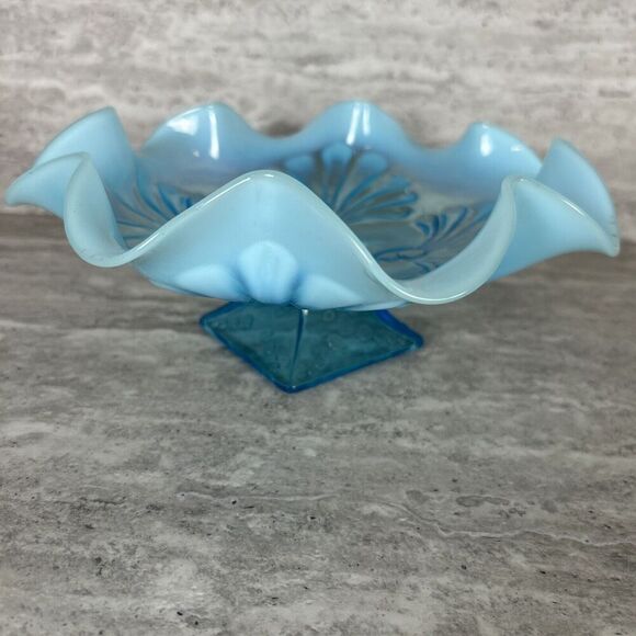 Northwood Blue Opalescent Ruffled Candy‎ Dish Shell Design Square Pedestal Base - Picture 7 of 16
